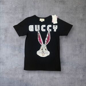 Gucci Black Short Sleeve Tee with Sequined Bunny and White GUCCY Logo